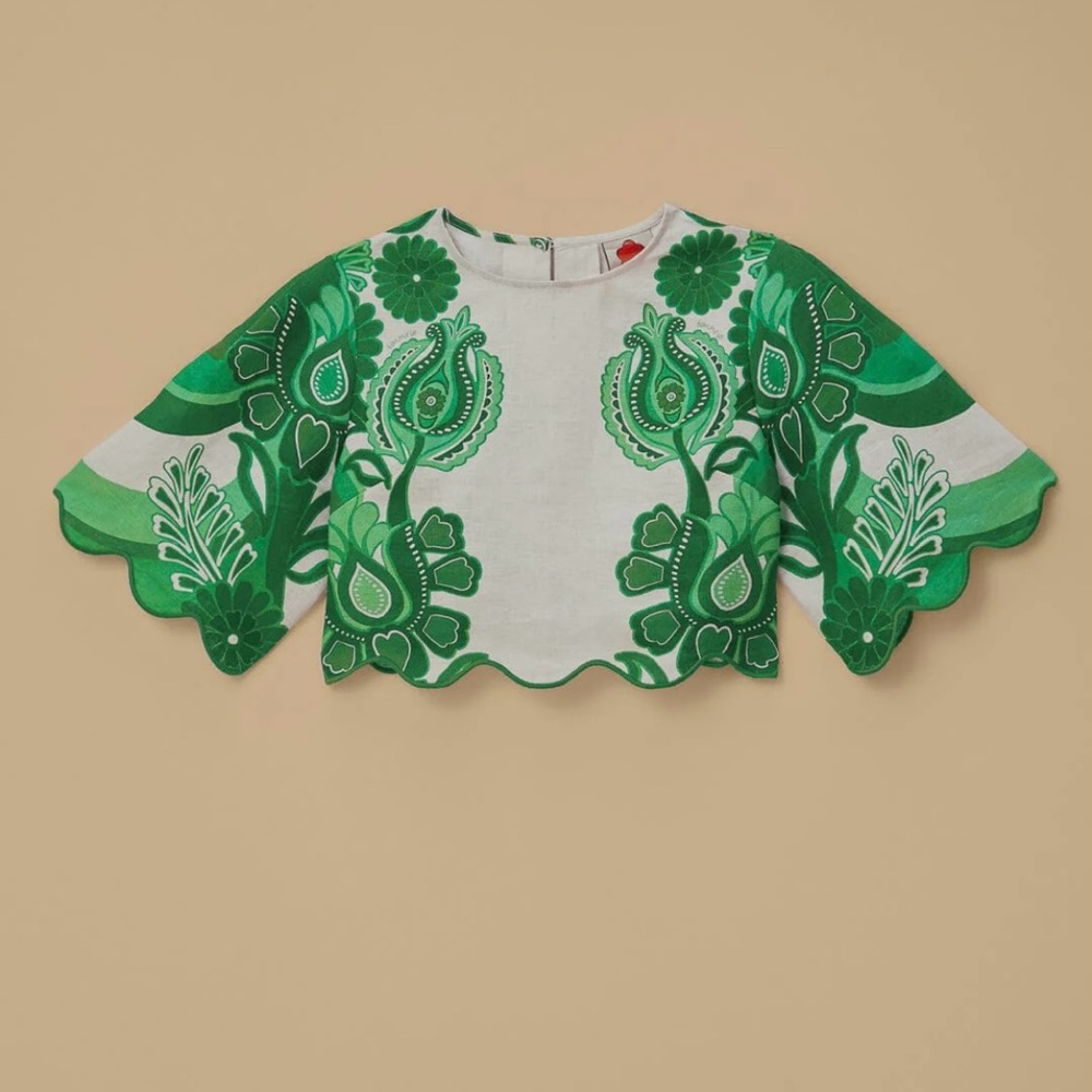 NWT FARM Rio Green and White Floral Linen Crop Blouse